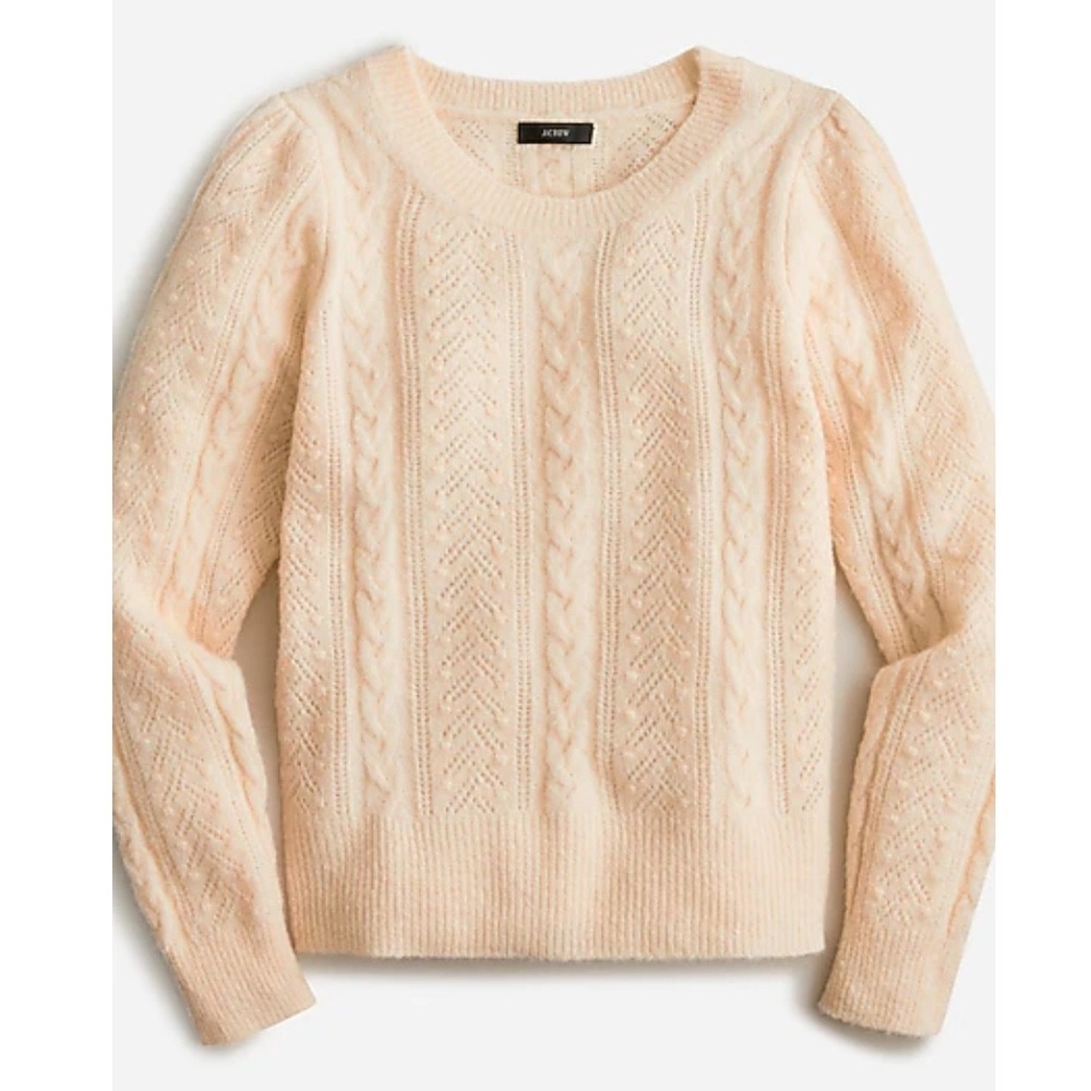 J.Crew Cream Cable Knit‎ Pullover Sweater XXL Fits XL Wool Blend Puff Sleeve